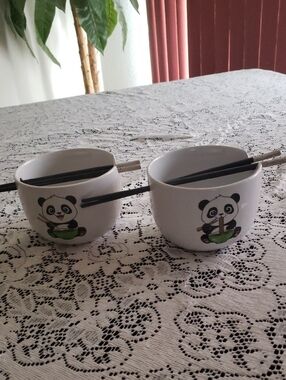 White Panda Ceramic Ramen Bowls with Chopsticks - Set of 2